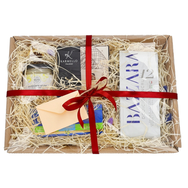 Gratulacyjny zestaw prezentowy - Kawa, herbata, miód i czekoladki