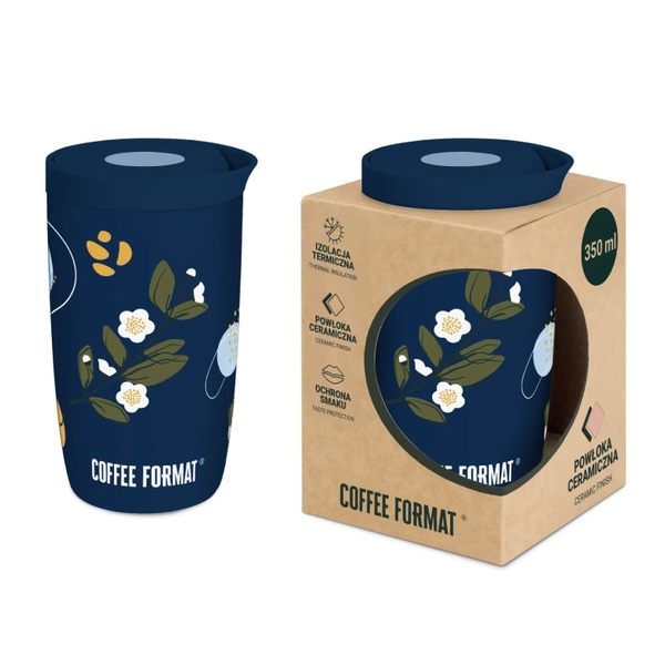 Kubek termiczny Coffee Format 350 ml - Niebieski z motywem roślin i kwiatów