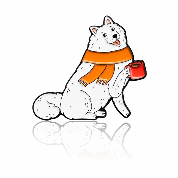 Przypinka - Samojed z kubkiem kawy