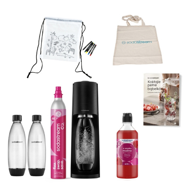 ZESTAW Saturator do wody gazowanej SodaStream Terra - Czarny + 2 butelki + Bawełniany worek + Torba + Syrop SodaStream Malina + Książka
