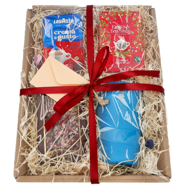 Zestaw prezentowy dla nauczyciela - Niebieski kubek, kawa, herbata i czekolada