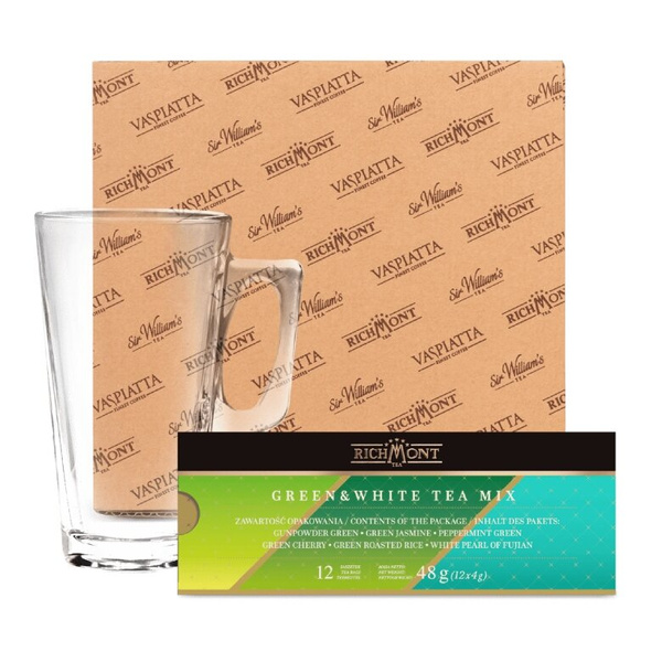 ZESTAW - MIX Zielonych i Białych Herbat Richmont 12 saszetek + Szklanka Richmont Hot 370ml
