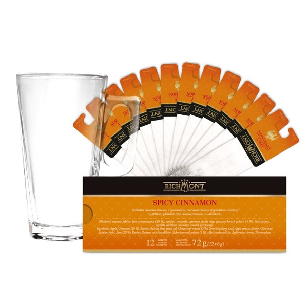 ZESTAW Herbata Richmont Spicy Cinnamon 12 saszetek + Szklanka Richmont Hot 370ml