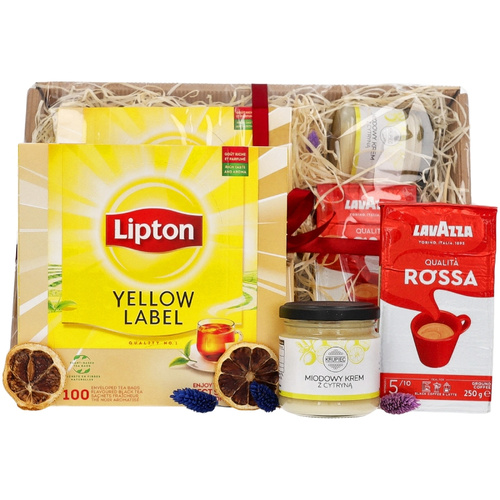 Zestaw prezentowy - Lipton Yellow Label, kawa mielona Lavazza i miód z cytryną - opinie w konesso.pl