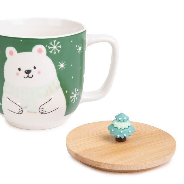 Kubek Świąteczny z uchem Homla MOLDY z Misiem i pokrywką 300ml - Zielony - NIEDOSTĘPNY