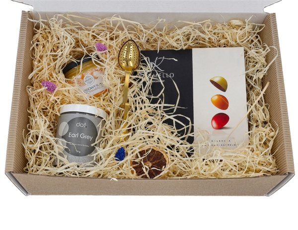 Zestaw prezentowy dla kobiety - Herbata, zaparzacz, miód i czekoladki