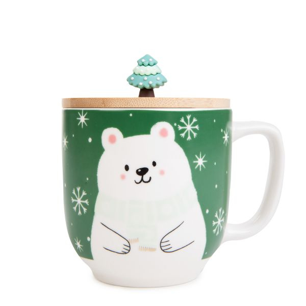 Kubek Świąteczny z uchem Homla MOLDY z Misiem i pokrywką 300ml - Zielony - NIEDOSTĘPNY