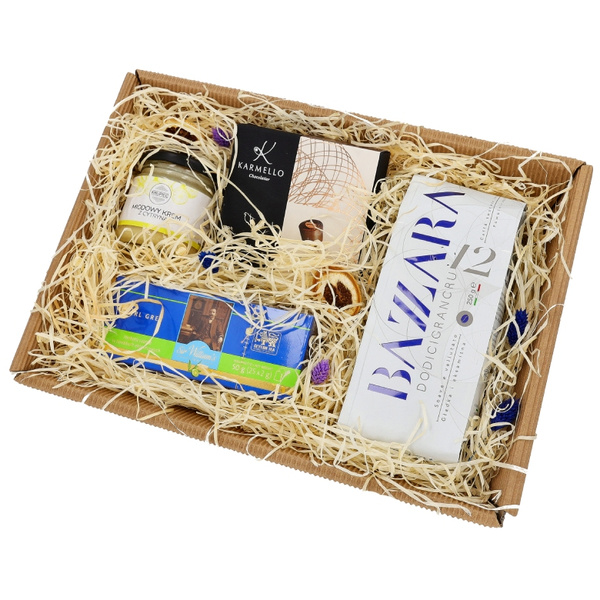 Gratulacyjny zestaw prezentowy - Kawa, herbata, miód i czekoladki