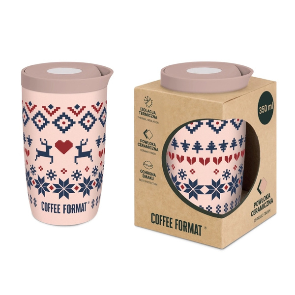 Kubek termiczny Coffee Format 350 ml - Różowy z motywem świątecznym