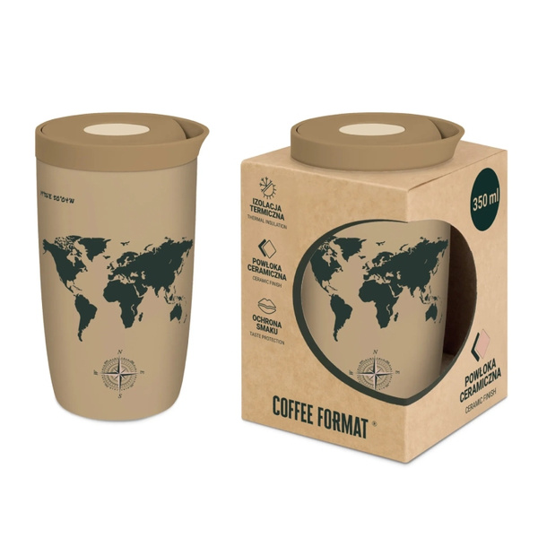 Kubek termiczny Coffee Format 350 ml - Brązowy z motywem mapy świata