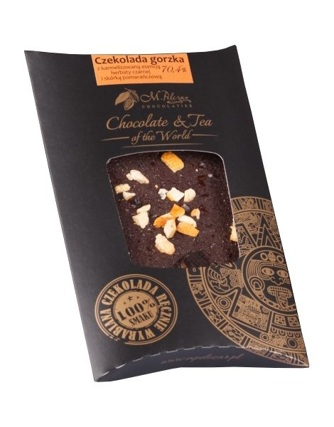 Gorzka czekolada M.Pelczar Chocolatier z karmelizowaną esencją czarnej herbaty i skórką pomarańczową 85g