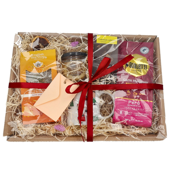 Zestaw prezentowy na urodziny - Kawa, herbata, kubek, miód i czekolada