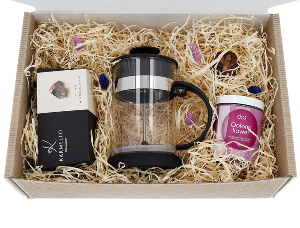 Zestaw prezentowy dla babci - Herbata, zaparzacz i śliwki w czekoladzie