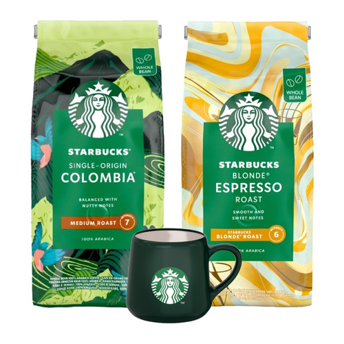 ZESTAW - Kawa ziarnista STARBUCKS® Single Origin Colombia 450g + Kawa ziarnista STARBUCKS® Blonde Roast Espresso 450g + Kubek Starbucks 80 ml