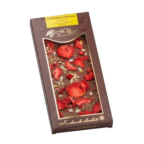 Mleczna czekolada M.Pelczar Chocolatier z cytryną, truskawkami i imbirem 85g