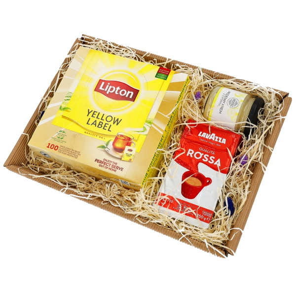 Zestaw prezentowy - Lipton Yellow Label, kawa mielona Lavazza i miód z cytryną