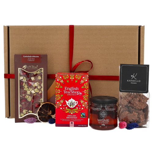 Gratulacyjny zestaw prezentowy - Herbata, wiśnie w miodzie, czekolada i cluster mleczny