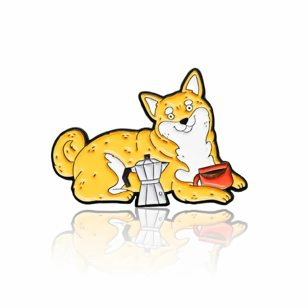 Przypinka - Shiba Inu z kubkiem kawy
