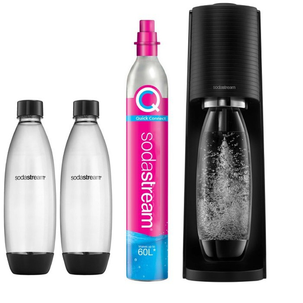 ZESTAW - Saturator do wody gazowanej SodaStream Terra - Czarny + 2 butelki + 4 syropy 440 ml + książka