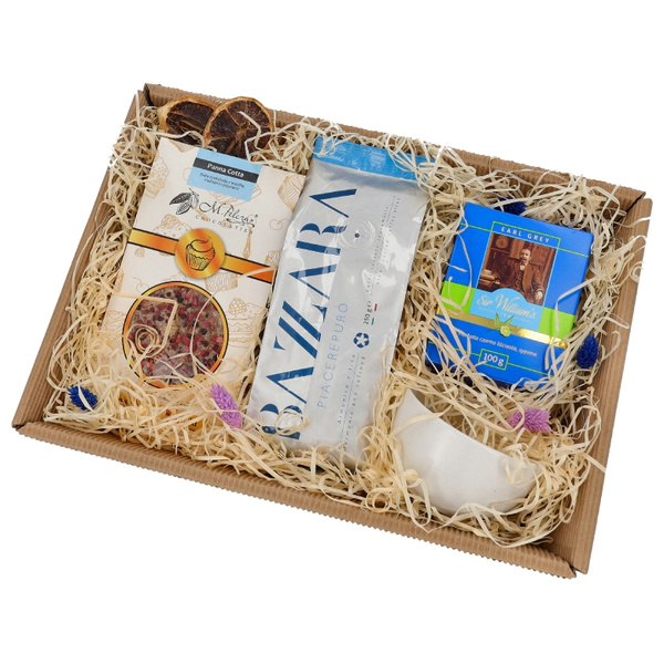 Zestaw prezentowy dla chłopaka z kawą, herbatą, czekoladą i kubkiem