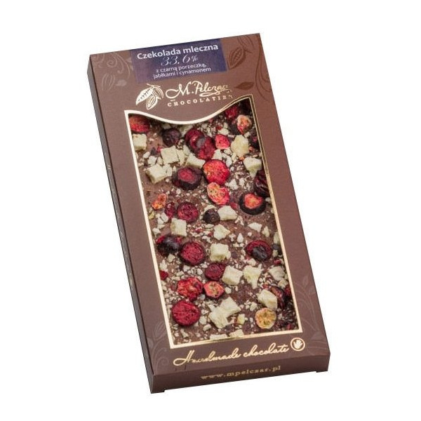 Mleczna czekolada M.Pelczar Chocolatier z czarną porzeczką, jabłkami i cynamonem 85g