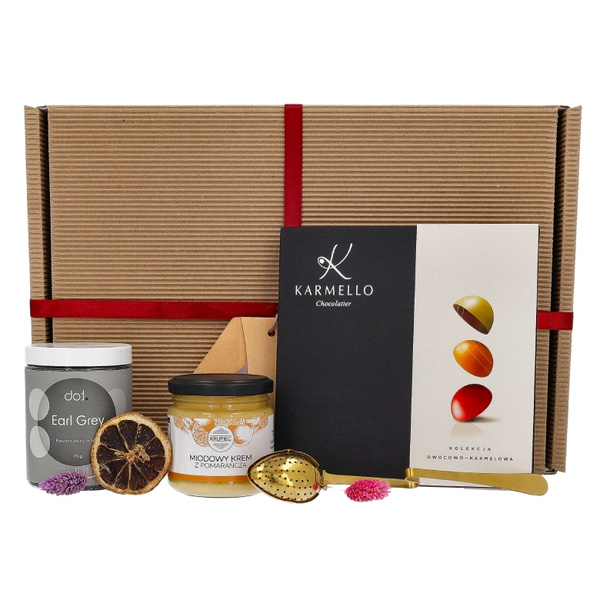 Zestaw prezentowy dla kobiety - Herbata, zaparzacz, miód i czekoladki