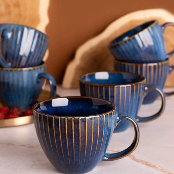 ZESTAW - Filiżanki Atom Design Reactive Stripes Jumbo 450ml Granatowe - 6 sztuk