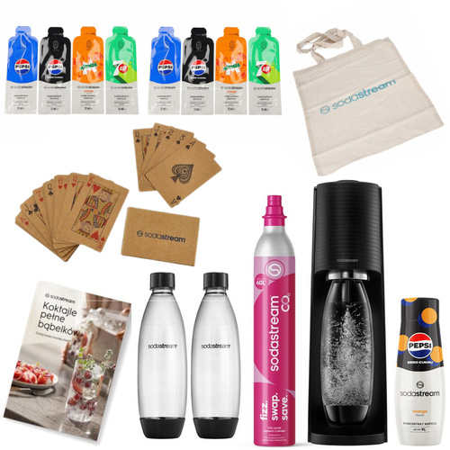 ZESTAW Saturator do wody gazowanej SodaStream Terra - Czarny + 2 butelki + książka + Syrop SodaStream Pepsi Mango + torba + 8 próbek + Karty do Gry
