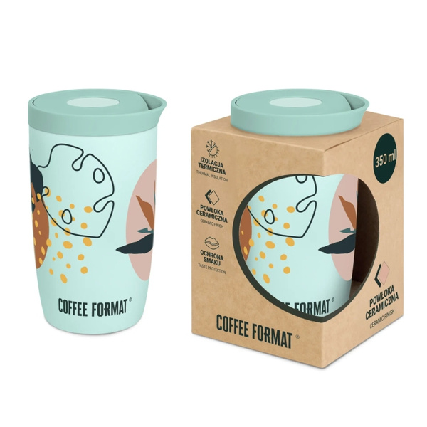 Kubek termiczny Coffee Format 350 ml - Miętowy z motywem roślin