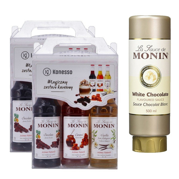 2x Zestaw kawowy Konesso Monin 3x250 ml - karmel, czekolada, wanilia + Sos WHITE CHOCOLATE MONIN 0,5 L