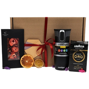 Zestaw prezentowy z kubkiem termicznym, kawą mieloną i czekoladą