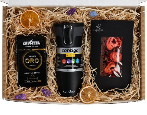 Zestaw prezentowy z kubkiem termicznym, kawą mieloną i czekoladą