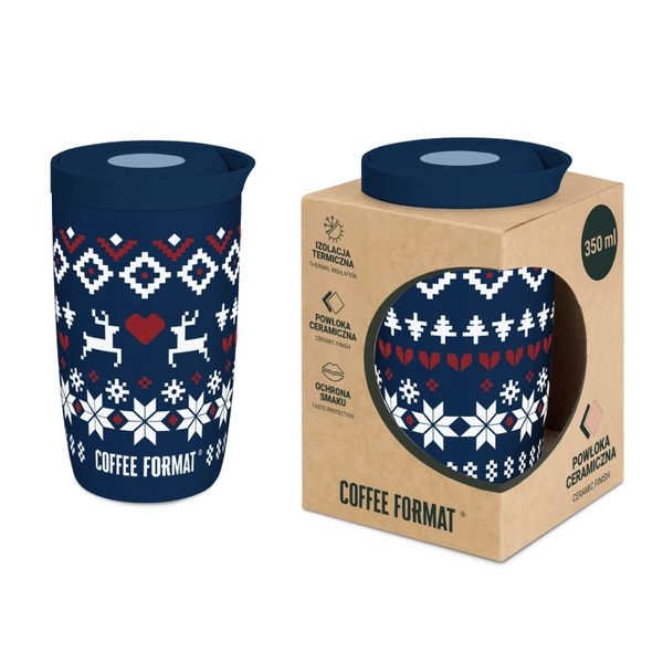 Kubek termiczny Coffee Format 350 ml - Ciemnoniebieski z motywem świątecznym