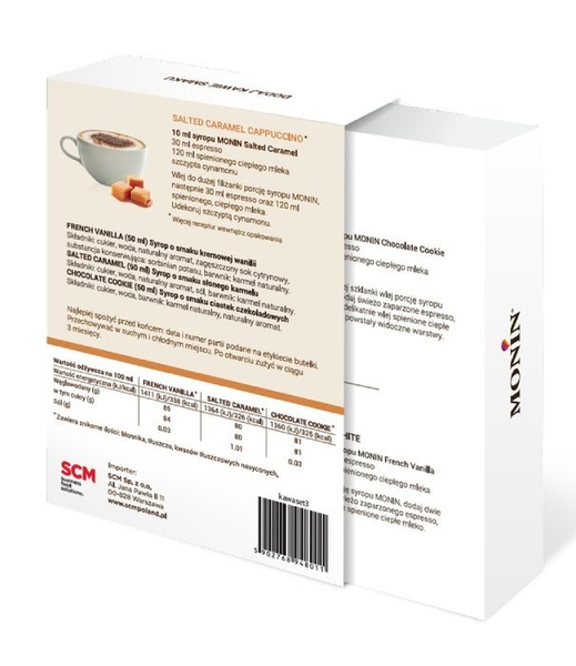 OUTLET - Zestaw kawowy Monin 3x50ml - słony karmel, ciasteczko czekoladowe, wanilia francuska