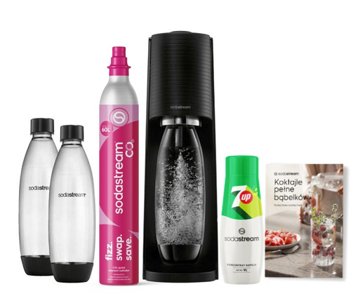 Saturator do wody gazowanej SodaStream Terra - Czarny +  2 butelki + książka + syrop 7up
