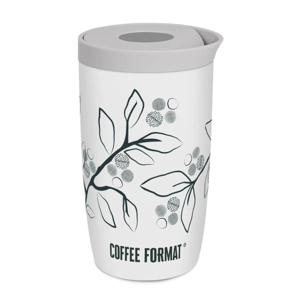 Kubek termiczny Coffee Format 350 ml - Biały z motywem roślin
