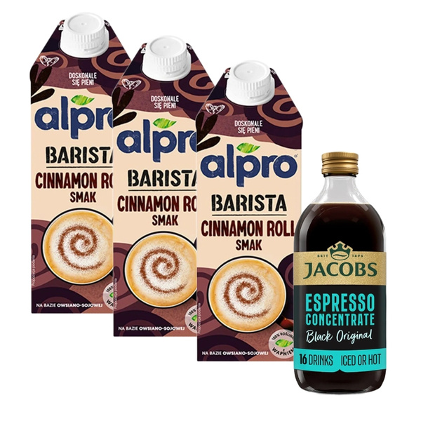 ZESTAW - Alpro Barista Cinnamon Roll Owsiano-Sojowe Cynamonka 750ml + Koncentrat kawowy Jacobs Espresso Concentrate Black Original 485ml