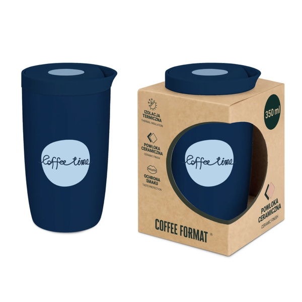 Kubek termiczny Coffee Format 350 ml - Niebieski z napisem