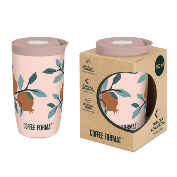 Kubek termiczny Coffee Format 350 ml - Różowy z motywem roślin