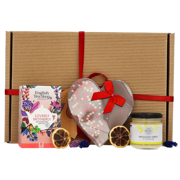 Zestaw prezentowy dla mamy z herbatą, miodem i czekoladą
