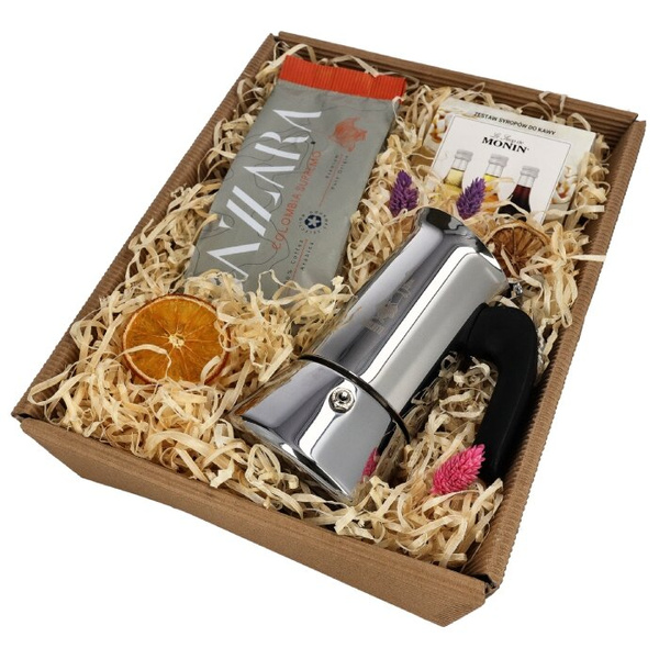 Zestaw prezentowy z kawiarką Bialetti, kawą mieloną i syropami Monin