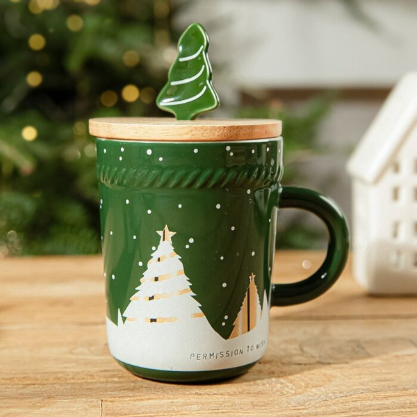 Kubek Świąteczny Homla TREE TIME z przykrywką i łyżeczką 280ml - Zielony - NIEDOSTĘPNY