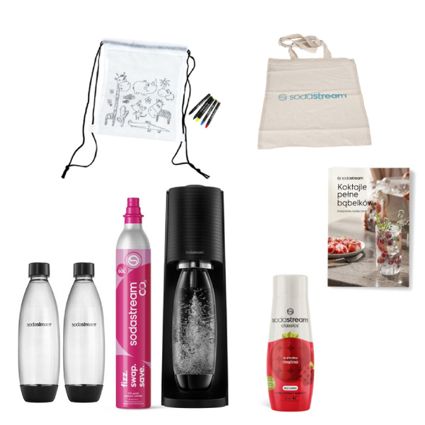 ZESTAW Saturator do wody gazowanej SodaStream Terra - Czarny + 2 butelki + Bawełniany worek + Torba + Syrop SodaStream Malina + Książka