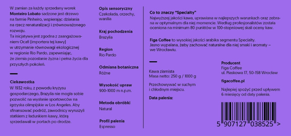 Kawa ziarnista Figa Coffee Brazylia Monteiro Lobato Natural ESPRESSO 250g – NIEDOSTĘPNY