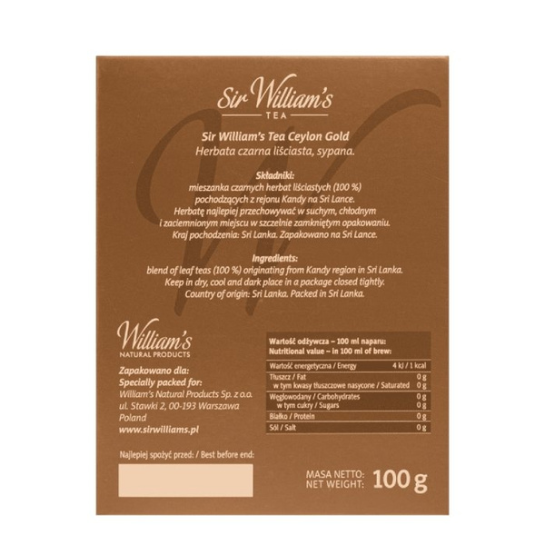 Czarna herbata liściasta Sir Williams Tea Ceylon Gold 100g