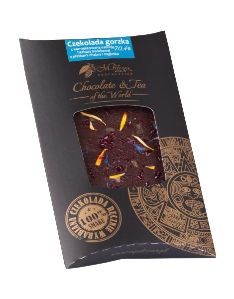 Gorzka czekolada M.Pelczar Chocolatier z karmelizowaną kwiatową herbatą i nagietkiem i chabrem 85g