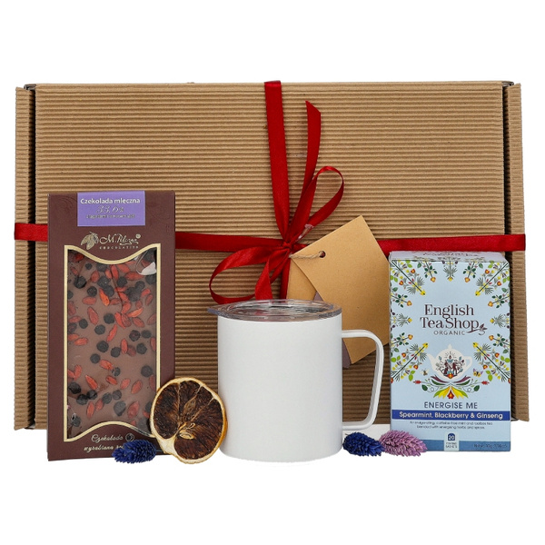 Zestaw prezentowy dla szefa - Biały kubek herbata i czekolada