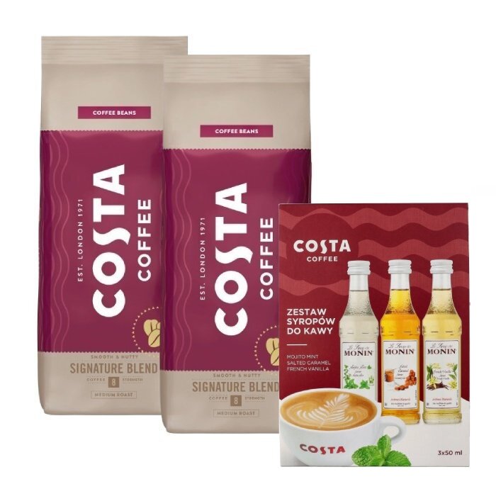 2x Kawa ziarnista Costa Coffee Signature Blend 1kg + Zestaw Syropów Do Kawy