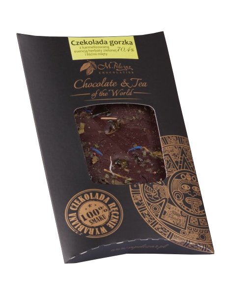 Gorzka czekolada M.Pelczar Chocolatier z karmelizowaną esencją zielonej herbaty i liśćmi mięty 85g