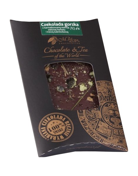 Gorzka czekolada M.Pelczar Chocolatier z karmelizowaną zielona herbatą i trawą żubrówkową 85g